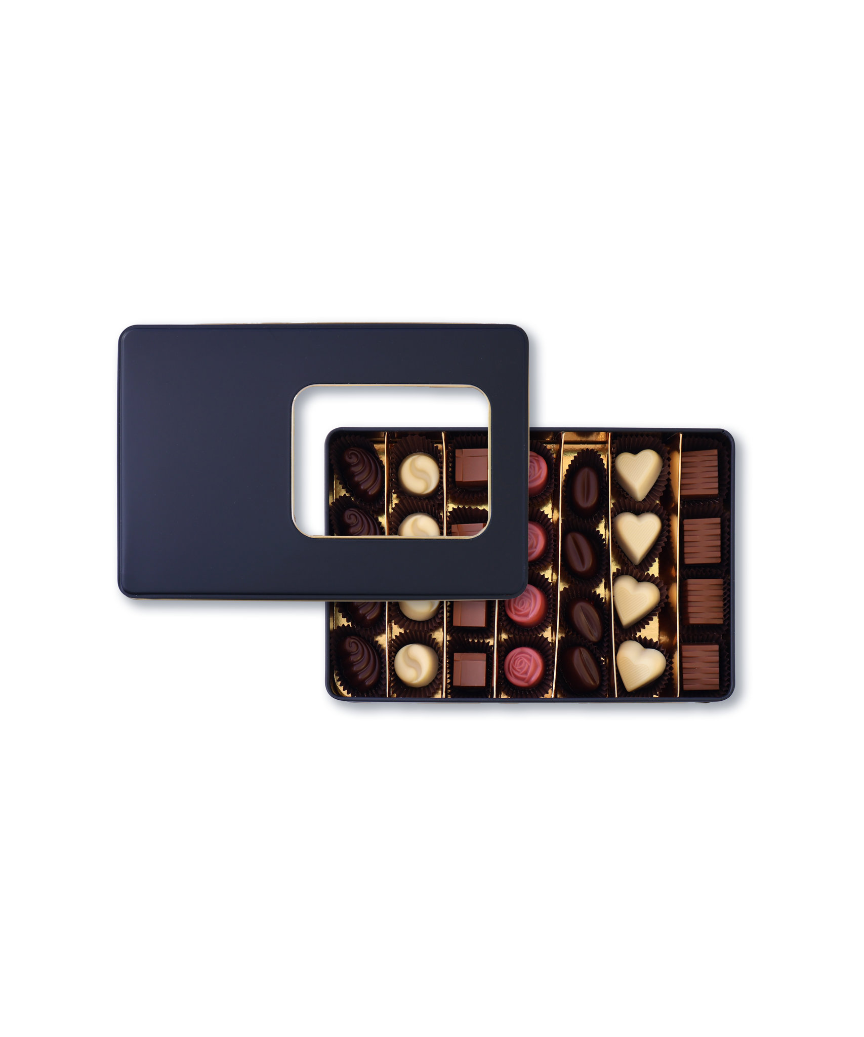 Metal Kutu 28’li El Yapımı Artizan Dolgulu Çikolata – Kırmızı Siyah Beyaz Seçenekli